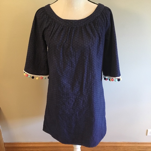 Navy fully lined dress w/ colorful Pompom detail 2 - Picture 2 of 8